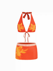 Halter Neckline Reversible Floral Three Piece Bikini Set with Skirt