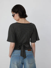 Lyocell-blend Striped V-neck Cloak Sleeve Ruched Tie Back Top