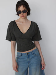 Lyocell-blend Striped V-neck Cloak Sleeve Ruched Tie Back Top