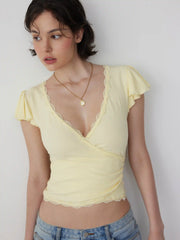 V-neck Ruffle Sleeve Lace Trim Drawstring Ruched Top