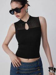 Knit Stand Collar Textured Bowknot Cut Out Vest