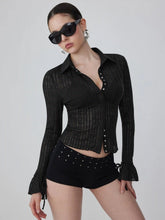 Textured Collar Long Sleeve Ruffle Cuff Top