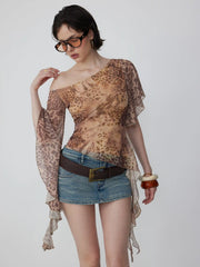 Abstract Leopard Ruffle Asymmetric One-Shoulder Top