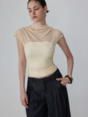 Mesh High Neck Sleeveless Draped Ruched Top