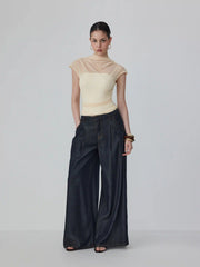 Mesh High Neck Sleeveless Draped Ruched Top