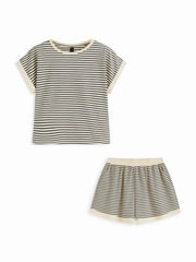 Cotton-blend Stripe Contrasting Binding Tee & Elastic Waist Shorts Set Curve & Plus