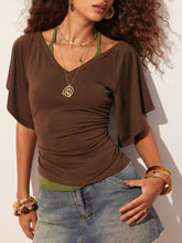 Halter Neck Top & V-neck Ruched Bell Sleeve Tee