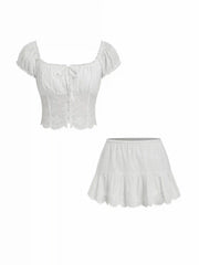 Cotton-blend Broderie Anglaise Off-shoulder Top & Mid Rise Mini Skirt Set