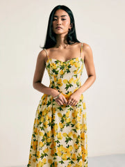 Cotton Lemon Lace Up Pleated Cami Midi Dress