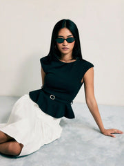 Boat Neck Belted Ruffle Hem Metal Detail Peplum Top