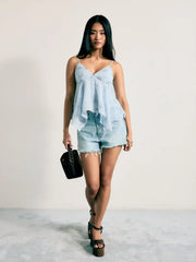 Sequins Floral Embroidery V-Neck Asymmetrical Hem Cami Top