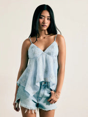 Sequins Floral Embroidery V-Neck Asymmetrical Hem Cami Top