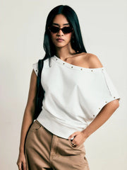 Cotton-blend Asymmetrical Neck Oversize Crop Tee