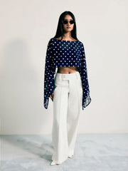Chiffon Polka Dot Boat Neck Cloak Sleeve Oversized Poncho Blouse & Bandeau
