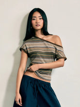Striped Asymmetrical Neck Short Sleeve Top