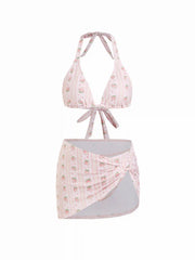 Halter Neckline Floral Ring Linked Low Rise Triangle Bikini Set With Skirt