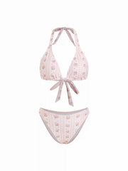 Halter Neckline Floral Ring Linked Low Rise Triangle Bikini Set With Skirt