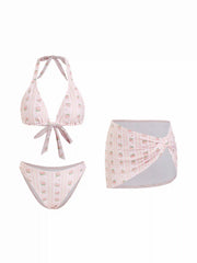 Halter Neckline Floral Ring Linked Low Rise Triangle Bikini Set With Skirt