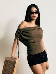 Linen-blend See-Through Off-shoulder Drawstring Top