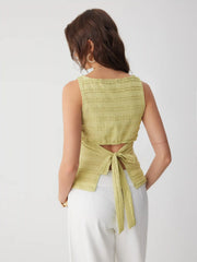 Textured Ruched Cut Out Backless Tie Back Tank Top