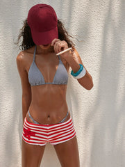 Striped Halter Neckline Starfish Detail 3 Piece Bikini Set With Shorts