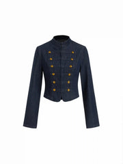 Denim Washed Napoleon Stand Collar Metal Detail Jacket