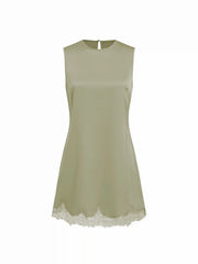 Satin Sleeveless Scallop Lace Mini Dress