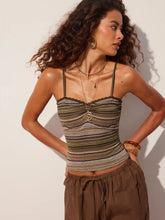 Stripe Sweetheart Neck Lace Trim Ruched Cami Top