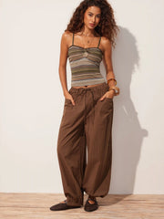 Stripe Sweetheart Neck Lace Trim Ruched Cami Top