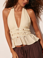 Textured Halter Shell Detail Shirred Ruffle Hem Top