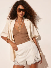 Linen-blend Mid Rise Lace Trim Shorts