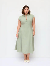 Stand Collar Tie-Neck Draped Pocket Flared Maxi Dress Curve & Plus