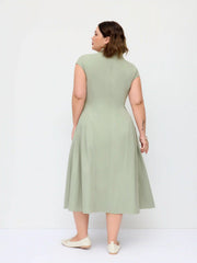 Stand Collar Tie-Neck Draped Pocket Flared Maxi Dress Curve & Plus