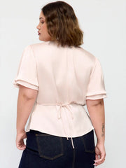 Lace Trim V-Neck Drawstring Short Sleeve Blouse Curve & Plus