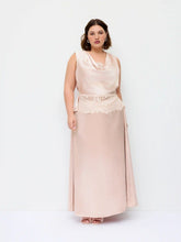 Satin Cowl Neck Lace Panel Top & Mid Rise Flared Maxi Skirt Set Curve & Plus