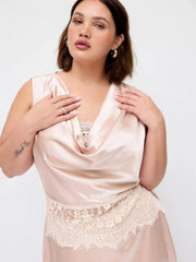 Satin Cowl Neck Lace Panel Top & Mid Rise Flared Maxi Skirt Set Curve & Plus