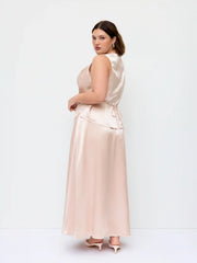 Satin Cowl Neck Lace Panel Top & Mid Rise Flared Maxi Skirt Set Curve & Plus