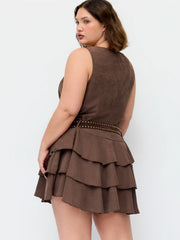 Round Neckline Layered Hem Mini Dress With Studded Belt Curve & Plus