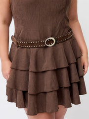Round Neckline Layered Hem Mini Dress With Studded Belt Curve & Plus