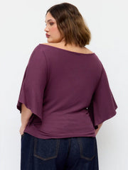 Boat Neck Mid-length Bell Sleeve Ruched Tee Curve & Plus
