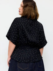 Polka Dot Ruched Cinched Waist Batwing Sleeve Blouse Curve & Plus