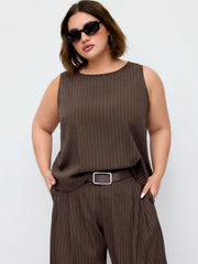 Striped Sleeveless Top & Mid Rise Wide Leg Belted Trousers Set Curve & Plus