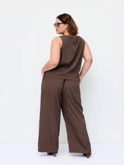 Striped Sleeveless Top & Mid Rise Wide Leg Belted Trousers Set Curve & Plus