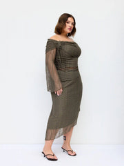 Textured Off-shoulder Top & Mid Rise Midi Skirt Set Curve & Plus