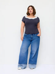 Cotton-blend Round Neck Lace Lettuce Trim Short Sleeve Top Curve & Plus