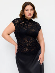 Lace Mandarin Collar Knotted Ruched See-through Top & Satin Mid Rise Maxi Skirt Set Curve & Plus