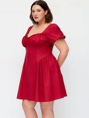 Linen-blend Sweetheart Neckline Puff Sleeve Ruched Babydoll Mini Dress Curve & Plus