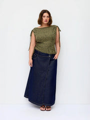 Jacquard Boat Neck Drawstring Ruched Asymmertrical Top Curve & Plus