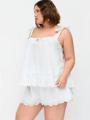 Cotton Broderie Anglaise Lace Trim Bowknot Top & Mid Rise Elastic Waist Shorts Set Curve & Plus