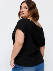 Cotton-blend Asymmetrical Neck Studded Tee Curve & Plus